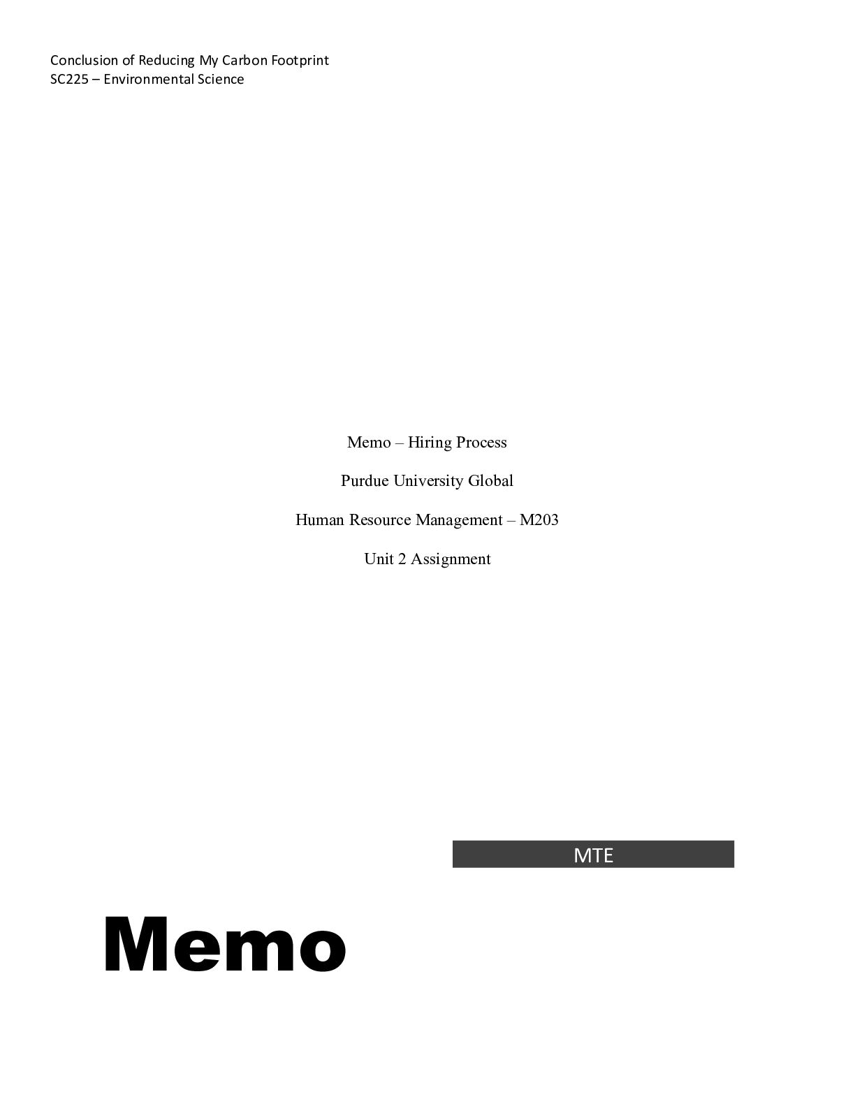 Preview image for M230 HRMUnit 2 Assignment.docx    Memo â€“ Hiring Process  Purdue University Global  Human